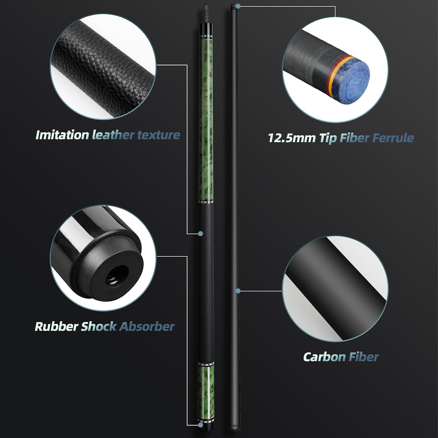 Kmise Carbon Fiber Pool Cue, 100% Carbon Fiber Shaft 58" Professional Pool Sticks for Adults Full Carbon Technology, 12.5mm Tip, 3/8-8 Joint Pin