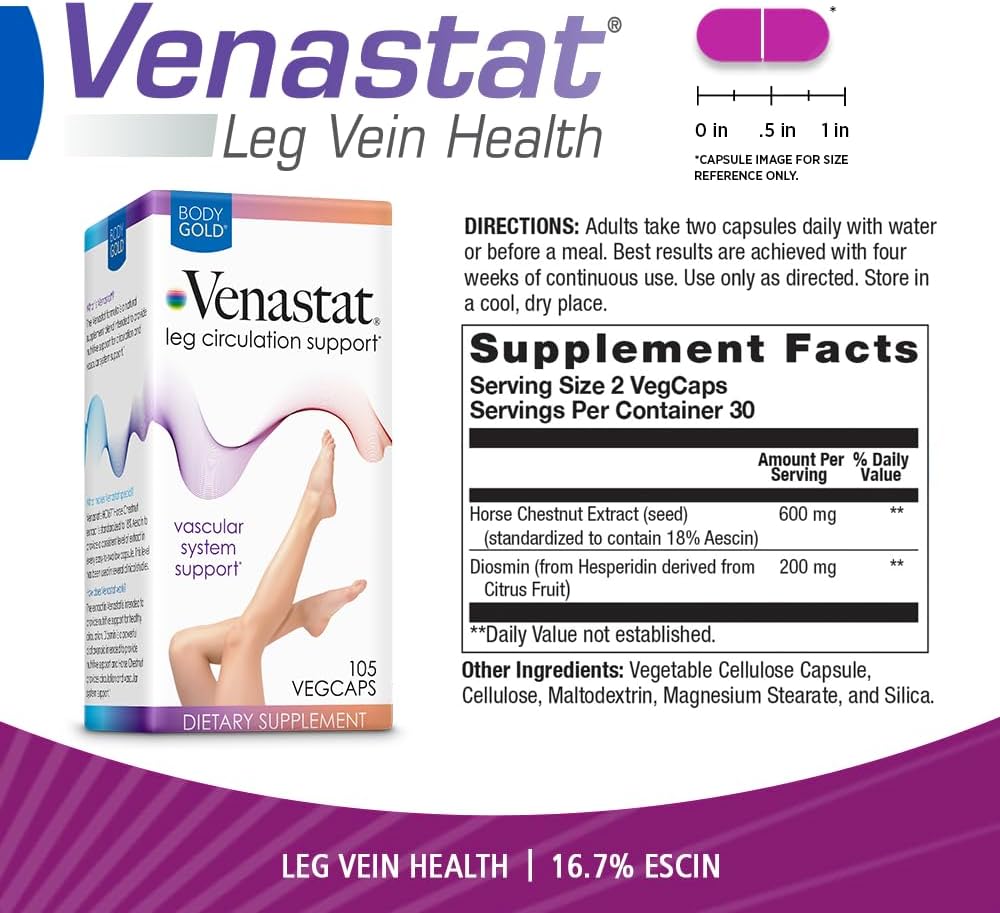 Body Gold Venastat, Leg Vein Support Supplements, 60 Veggie Capsules