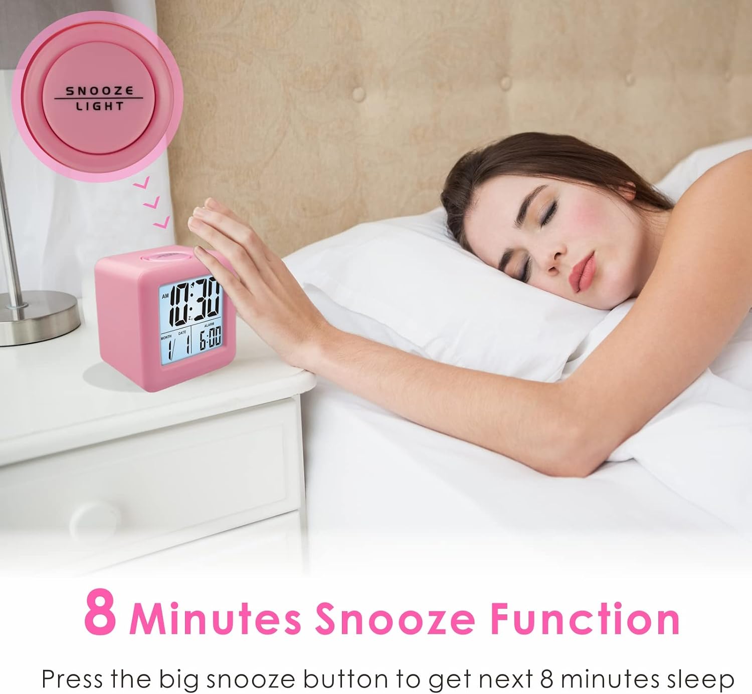 Plumeet Digital Alarm Clock Kids Clock with Snooze and White Nightlight - Easy Setting Travel Alarm Clocks Display Time, Date