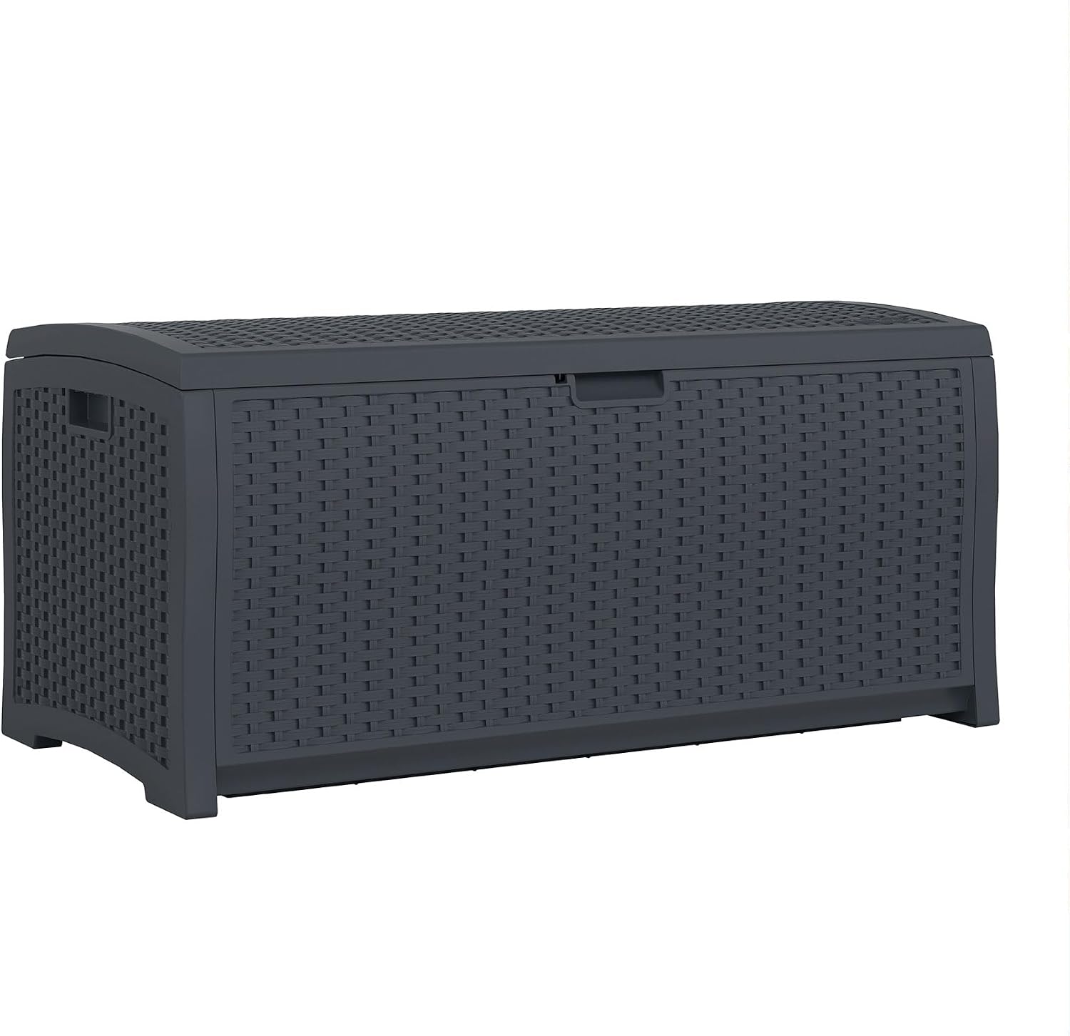 Suncast Outdoor Storage Box - 73 Gallon Mocha Brown Deck Box for Patio, weather-resistant Outdoor Storage Bench, Resin Wicker Style, Heavy-Duty, Lockable Lid for Cushions, Shoes, Pool & Garden Gear