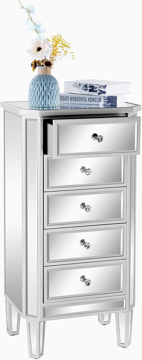 VINGLI Mirrored Dresser 5 Drawers Modern Chest, Mirrored Chest of Drawers, Glass Dresser for Living Room, Silver