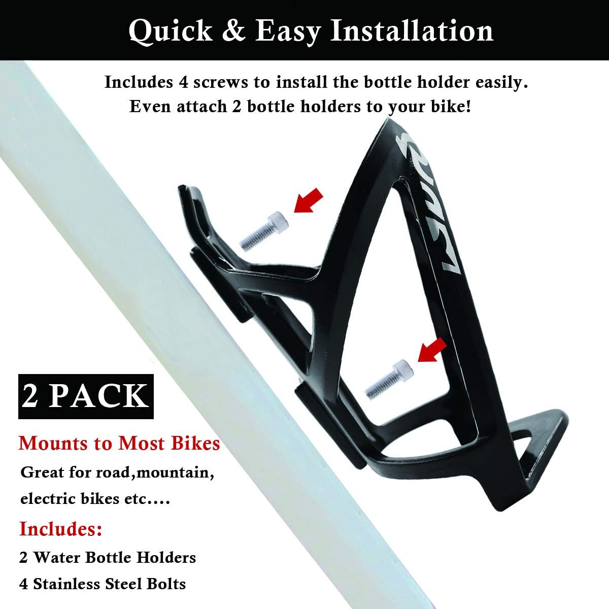 2-Pack Bike Water Bottle Cage Bicycle Water Bottle Holder Lightweight & Strong Bicyle Mount for Road & Mountain Bikes with Screws Spanner