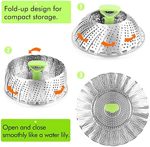 Consevisen Vegetable Steamer Basket for Cooking Food, Stainless Steel Veggie Steam Basket for Pot, Folding Expandable Steaming Insert with Extendable Handle Fits Various Size Pot, 7.1" to 11"