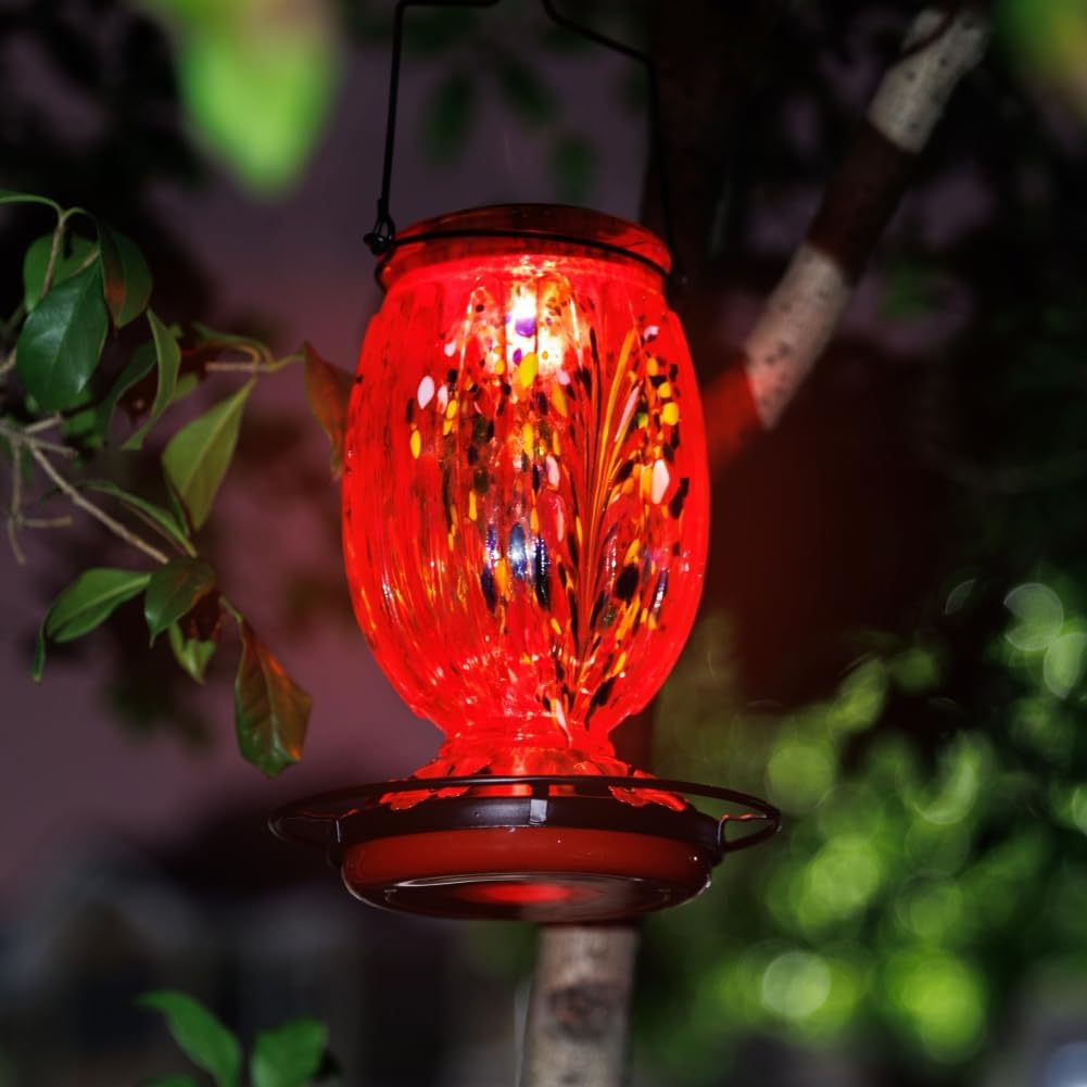Solar Hummingbird Feeder for Outdoors Hanging Patio Designed 32 Ounces Colorful Hand Blown Glass Hummingbird Feeder 5 Feeding Ports with Perch Never