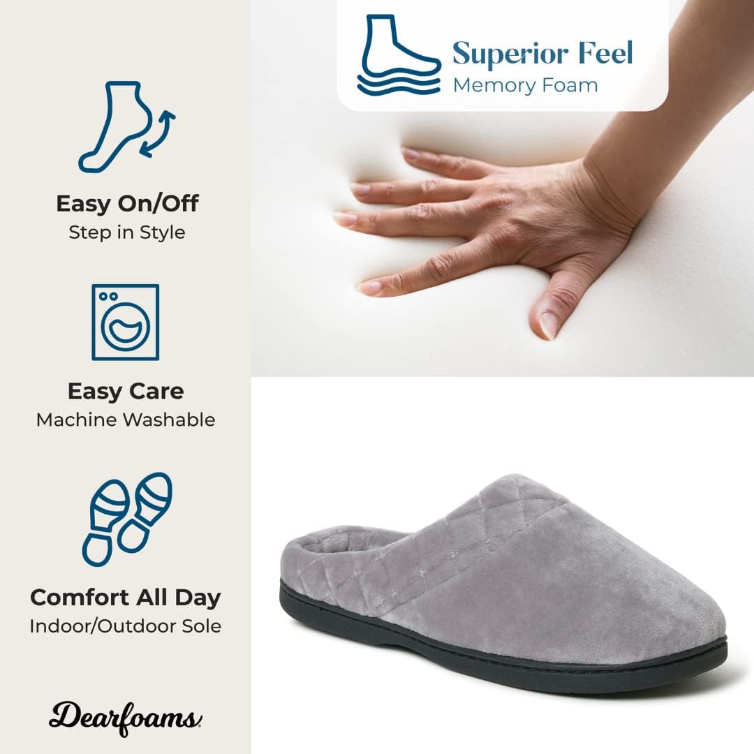 Dearfoams Women's Lightweight Memory Foam Indoor House Slipper Darcy Velour Clog with Wide Widths