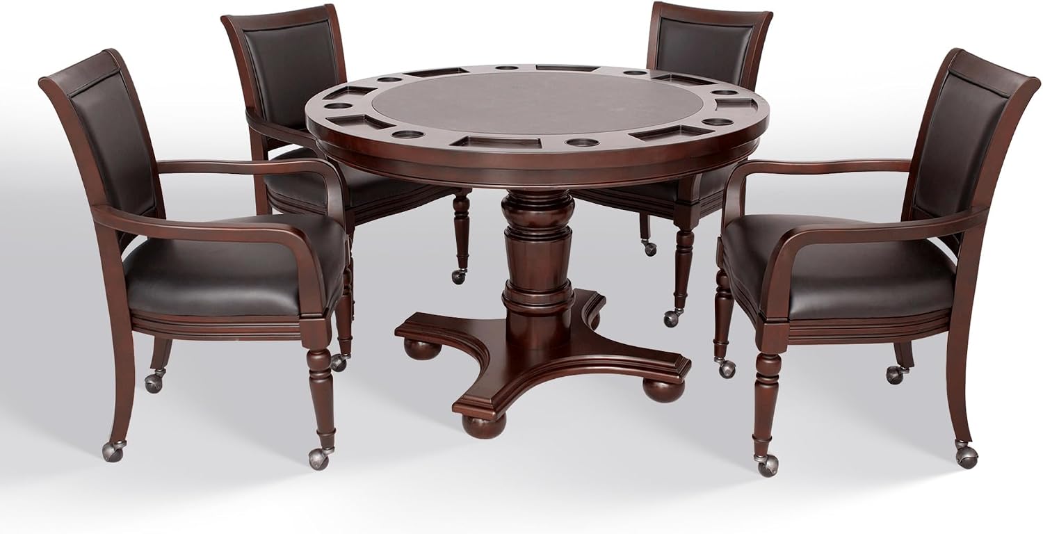 Hathaway Bridgeport 2 in 1 Round Poker Table and Chairs Set for Dining & Game Rooms – Furniture Grade Hardwood, Sturdy Pedestal Legs, Drink Holders