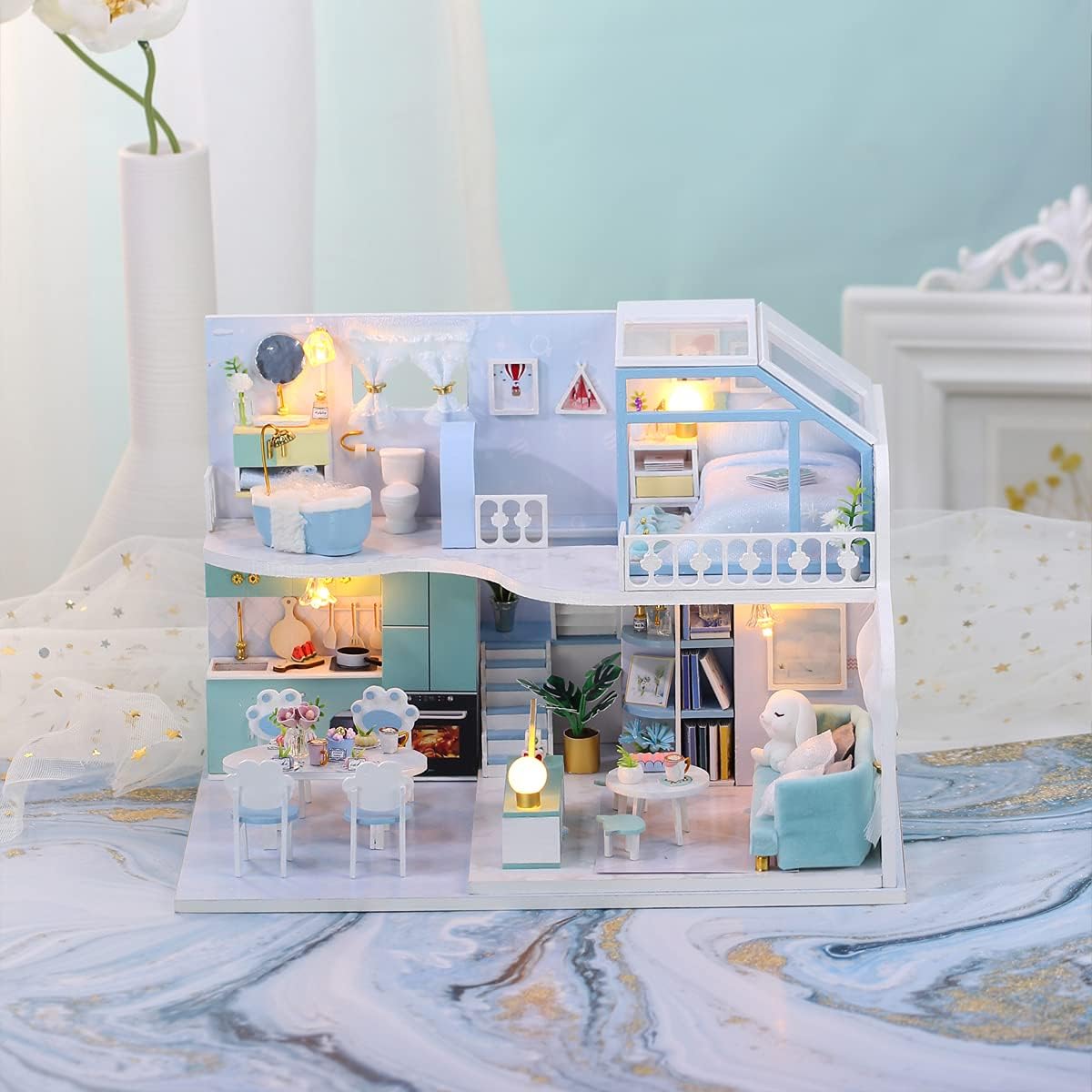 GuDoQi DIY Miniature Dollhouse Kit with Furniture, Tiny House kit 1:24 Scale, Need to Assemble Around 30 Hours