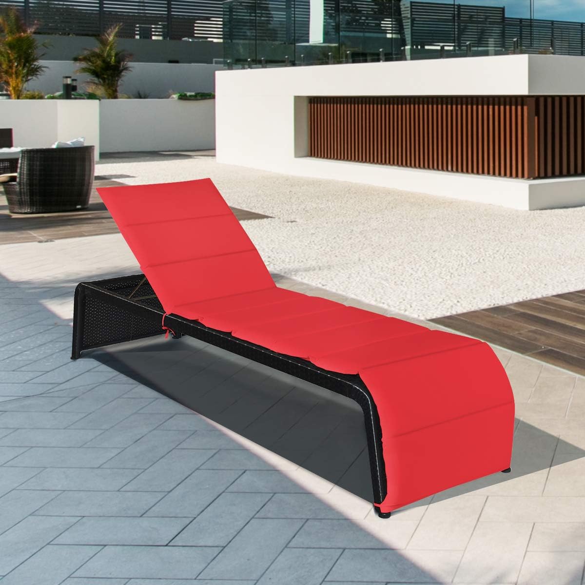 Tangkula Outdoor Chaise Lounge Chair, 5-Position Adjustable Rattan Recliner Chair w/Cushioned Seating and Adjustable Feet