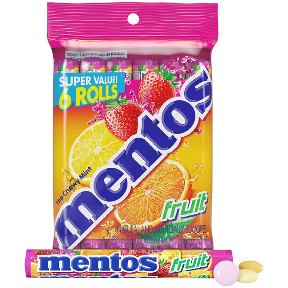 Mentos Fruit Chewy Mint Candy Roll, Mixed Fruit Flavors, Valentine's Day Candy for Parties & Favors, 14 Pieces Per Roll (Pack of 6) | Individually Wrapped Candy for Kids & Adults, Bulk Candy, Great for Parties, Birthdays, Holidays