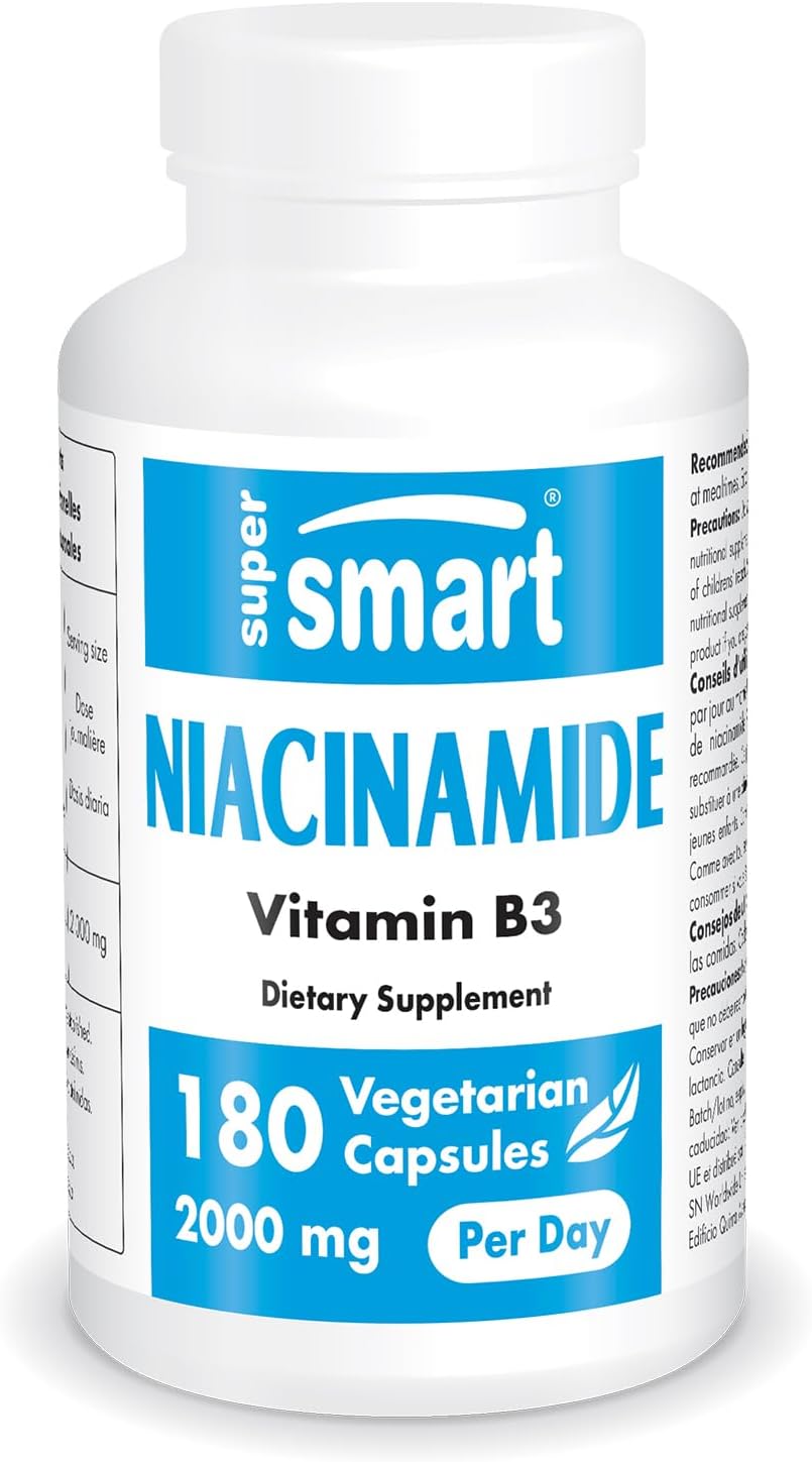 Supersmart - Niacinamide Supplement 2000mg per Day (Nicotinamide) - Flush Free Vitamin B3 Niacin | Non-GMO & Gluten Free - 180 Vegetarian Capsules