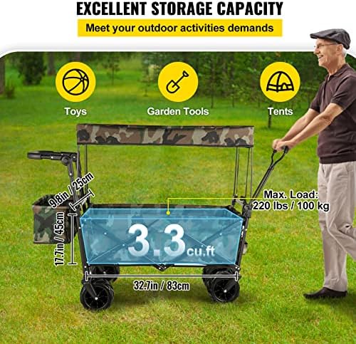 Happbuy Collapsible Wagon with Removable Canopy, 220lbs Heavy Duty Foldable Beach Wagon with Big Wheels