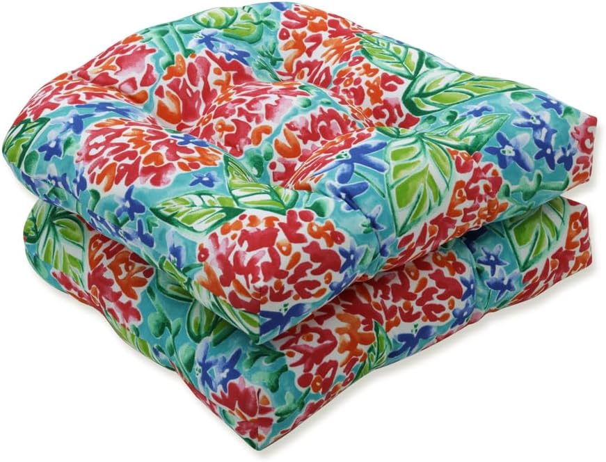 Pillow Perfect Bright Floral Indoor/Outdoor Tufted Wicker Seat Cushion, 2 Count, 19" x 19", Blue/Tan Telfair Peacock
