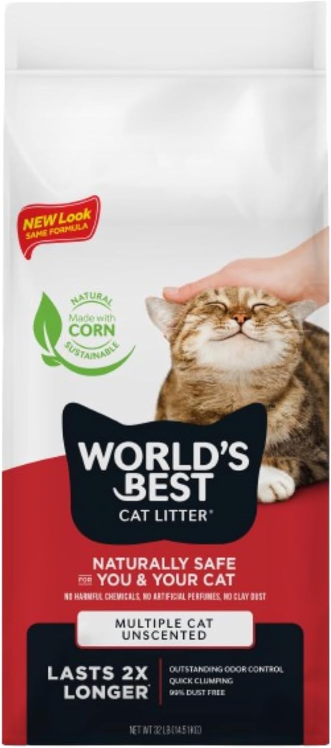 World's Best Cat Litter, Multiple Cat, Unscented, Lasts 2X Longer, 8 lb Bag | Controls tough multi-cat odors and lasts 2x longer; natural corn litter, quick clumping, flushable, 99% dust free