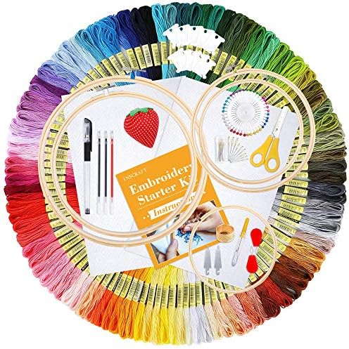 INSCRAFT 304 Pack Embroidery Kit, 200 Colors Threads, 5 Pcs Bamboo Embroidery Hoops, 2 Pcs Aida Cloth, Instructions, Bag and Cross Stitch Tools Set