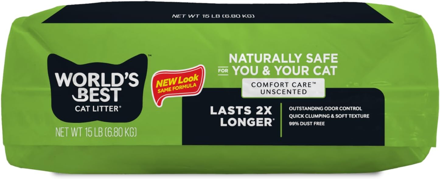 World's Best Cat Litter, Comfort Care, Unscented, Odor Control, 8 lb Bag | Gentle odor control for sensitive cats and lasts 2x longer; natural corn litter, quick clumping, flushable, 99% dust free