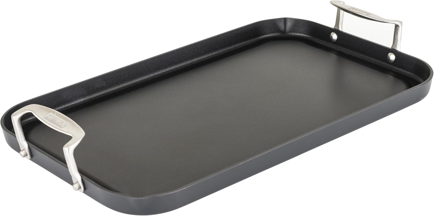 Viking Nonstick Double Burner Griddle, 19 x 11 Inch Hard Anodized Kitchen Grill Pan with Handles, Oven Safe, Works on Gas, Ceramic