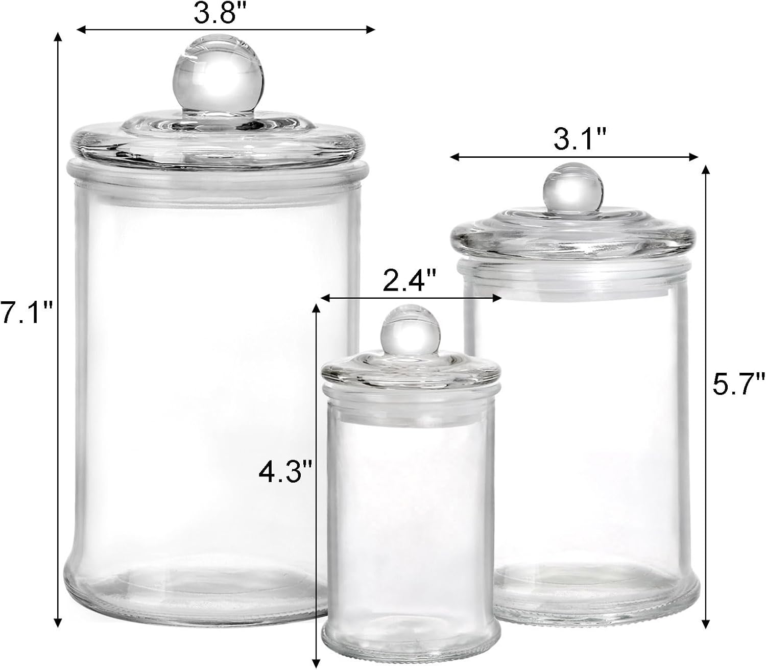 Set of 3 Glass Apothecary Jars with Lids, Bathroom Canisters Storage Container Jars, Decorative Small Glass Apothecary Jar for Cotton Swabs