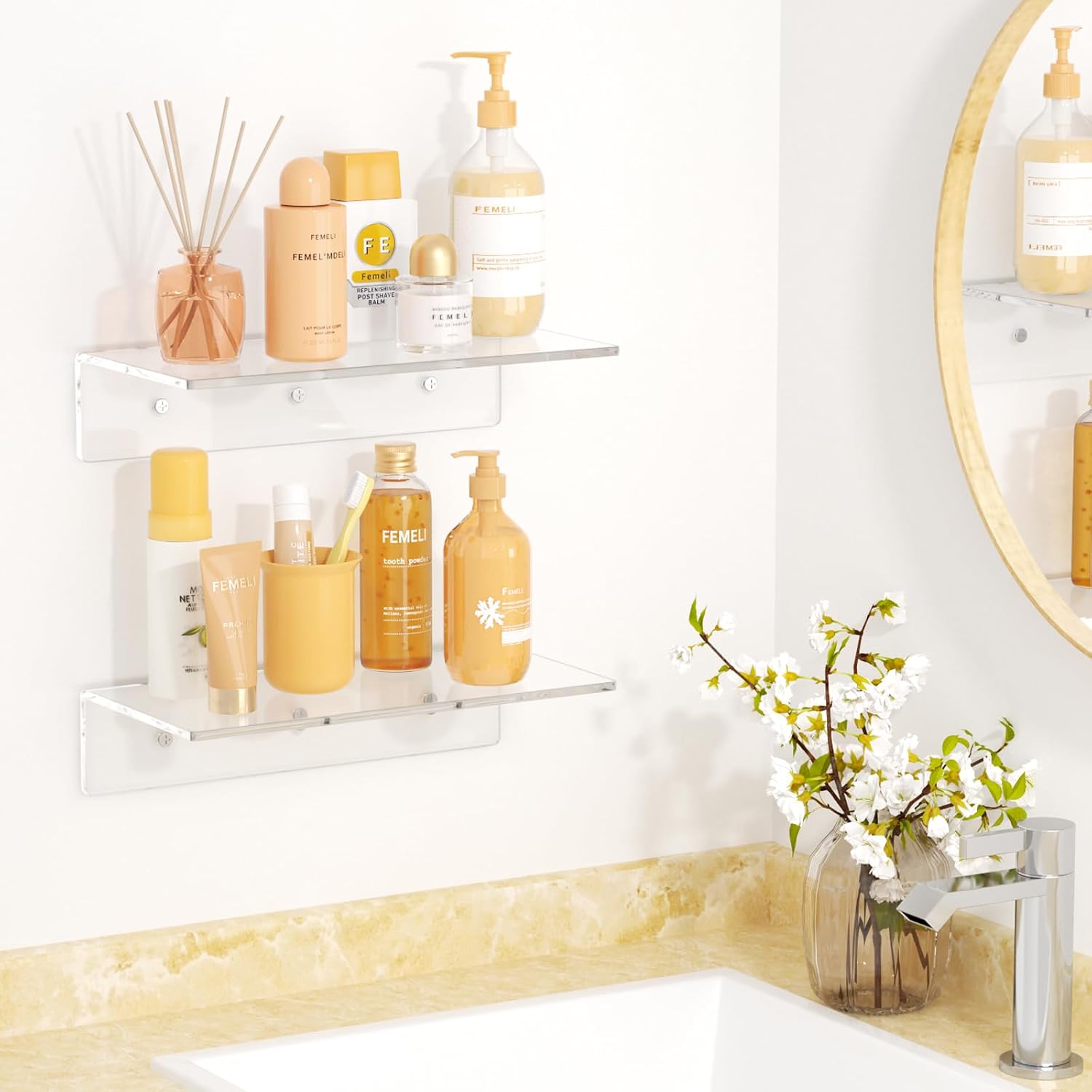 FEMELI 2 PCS 12" Acrylic Floating Shelves, Clear Shelf for Wall Display