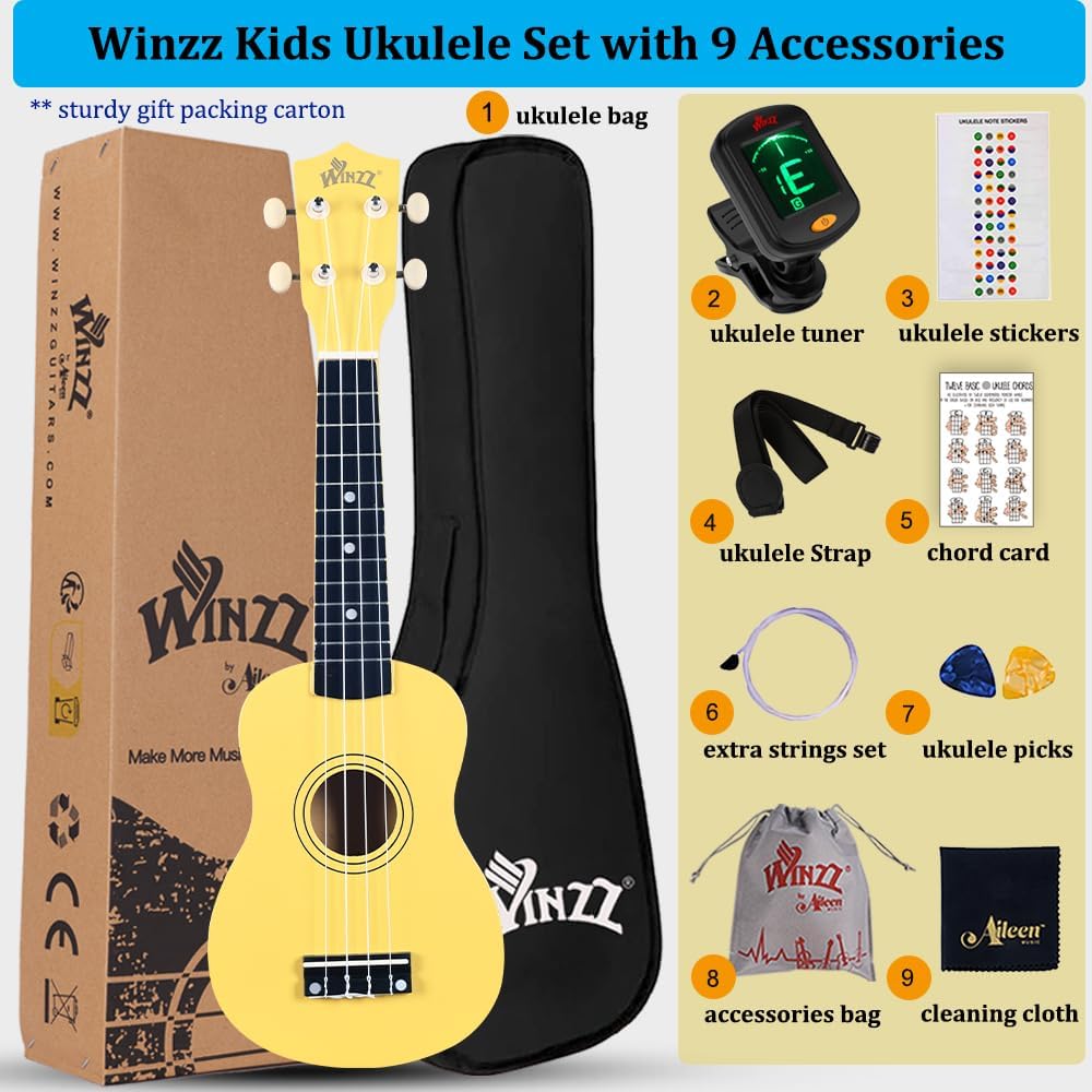 Winzz Soprano Ukulele Starter Kit For Beginners with Bag, Clip-On Tuner, Extra Strings, Strap, Plectrum, Fret Stickers, Chords Card, Polishing Cloth, Black