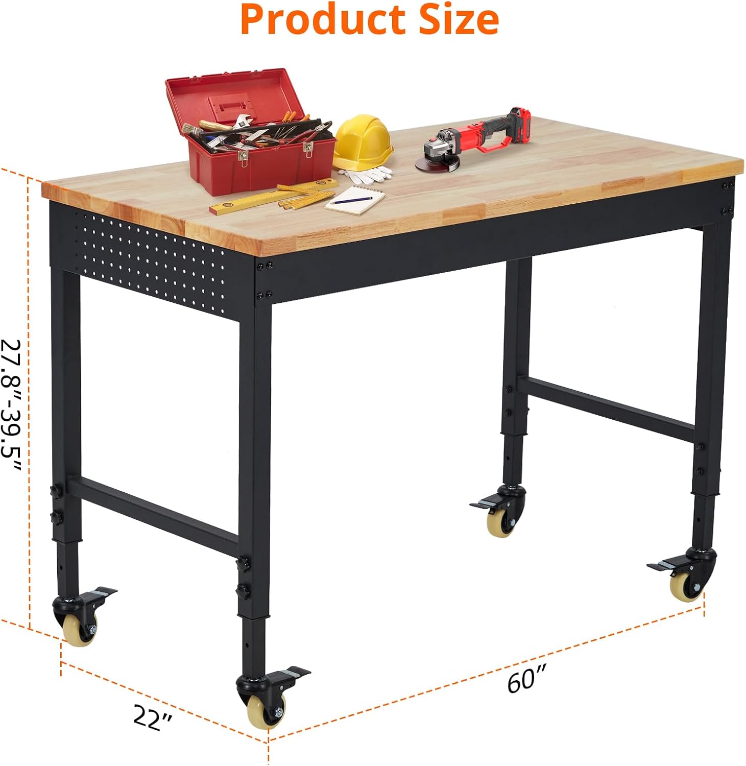 48’’x24’’ Adjustable Workbench,Workbench with Drawers,Darage Workbench with Pegboard,2000 LB Load Capacity,4 Rolling Casters, Power Outlets, Metal Frame,for Garage, Workshop, Home, Office