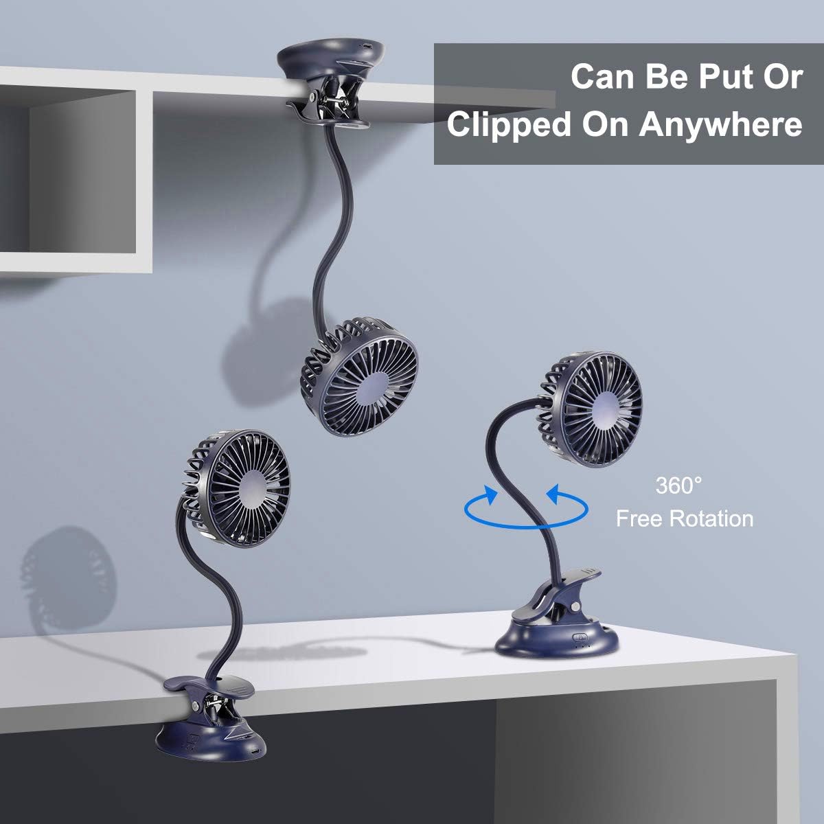 Clip On USB Mini Desk Fan with Emergency Power Bank, Battery Operated Rechargeable Portable Fan - Flexible Neck, 3 Speed Personal Cooling for Car