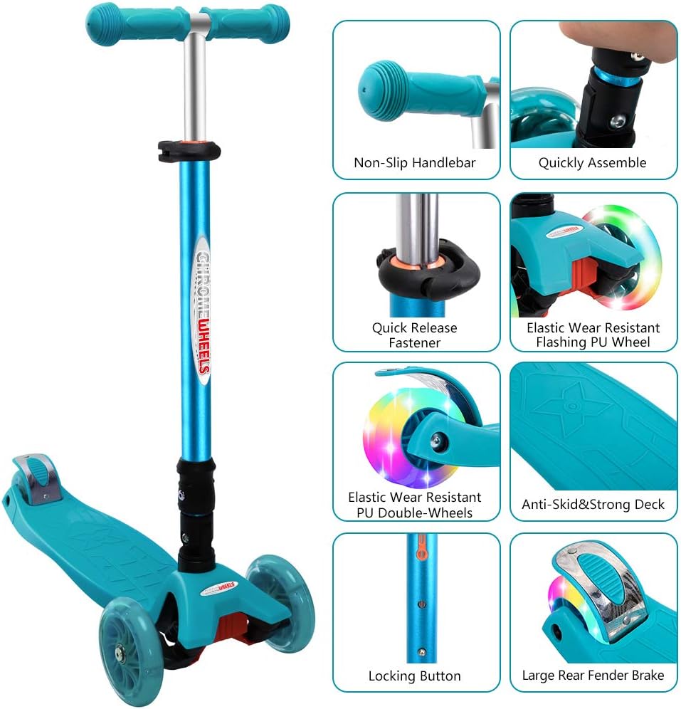 ChromeWheels Foldable Scooters for Kids, Deluxe Kick Scooter 4 Adjustable Height 132lbs Weight Limit 3 Wheel, Lean to Steer LED Light Up Wheels