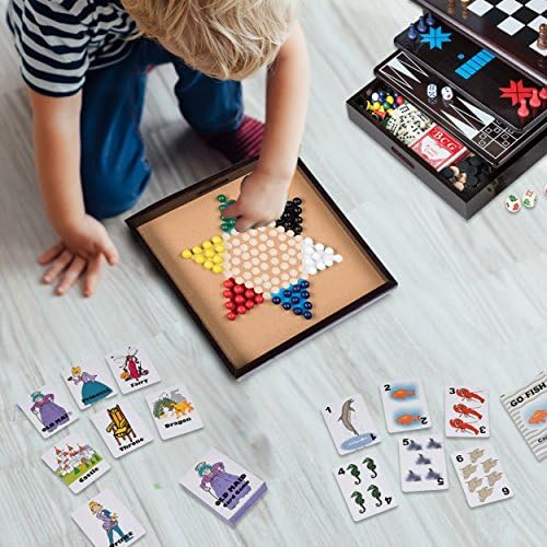 Board Game Set - Deluxe 15 in 1 Tabletop Wood-accented Game Center with Storage Drawer (Checkers, Chess, Chinese Checkers, Parcheesi, TicTacToe