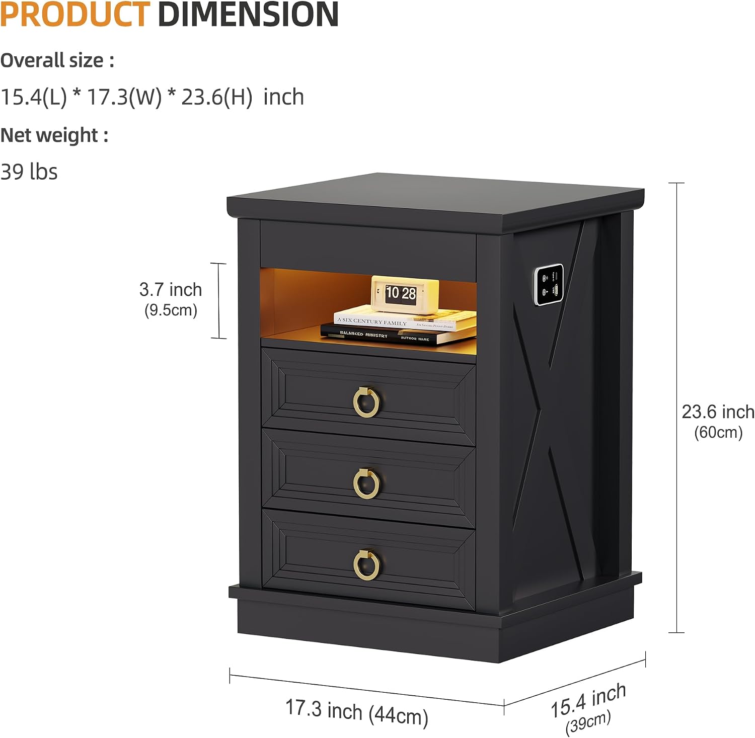 Farmhouse Nightstand with Lockable Hidden Drawer, Human Sensor LED Bedside Table with LED Lights & Charging Station, Rustic Wood Sofa Side End Table with 3 Drawers for Bedroom (Black)