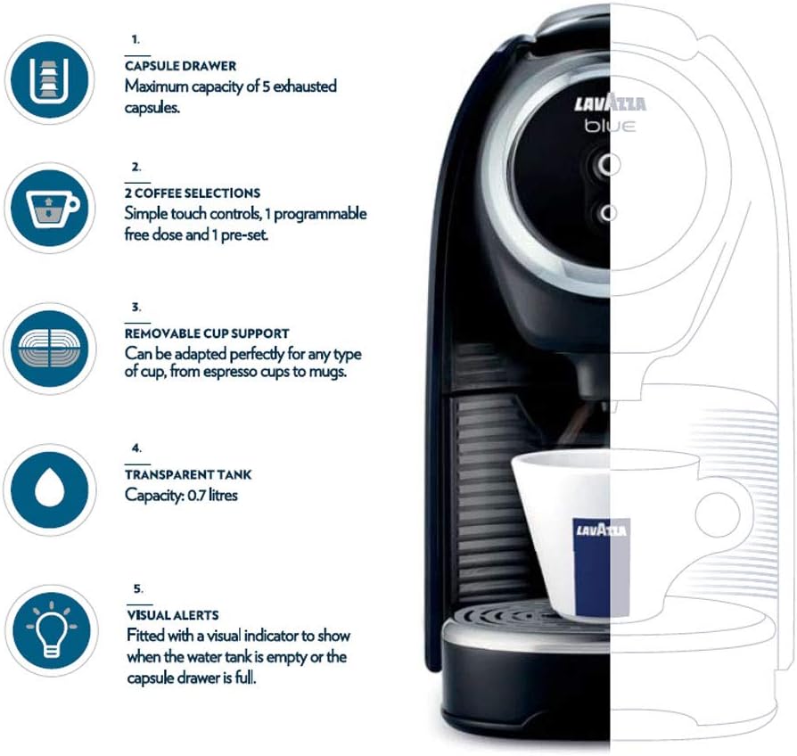 Lavazza BLUE Classy Mini Single Serve Espresso Coffee Machine LB 300, 5.3" x 13" x 10.2" 2 Coffee selections: simple touch controls