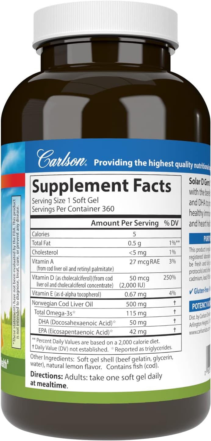 Carlson Solar D Gems, 2000 IU (50 mcg) Vitamin D3, Lemon, 360 Softgels | Vitamin D3 and Omega-3 Supplement, 115 mg Omega-3s EPA and DHA Supplement