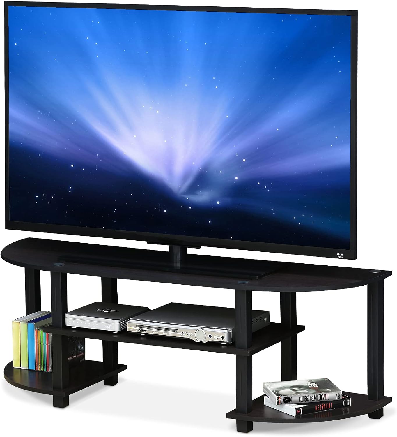 Furinno TURN-S-TUBE 3-Tier TV Stand for TVs up to 55 Inch, French Oak | Toolless Entertainment Center with Open Storage Shelves, Media Console Table with Soundbar Shelf for Living Room, Bedroom