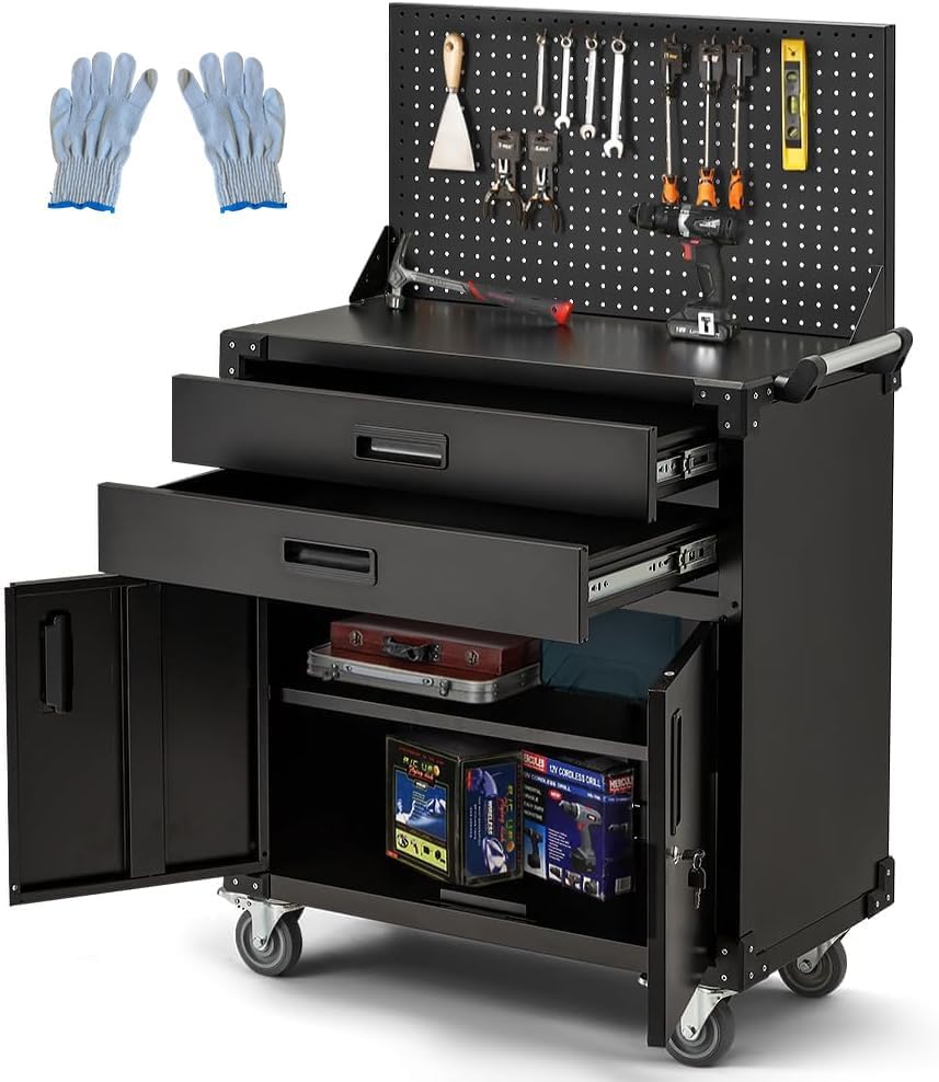 52'' Work Bench for Garage with Pegboard Drawers and Cabinets Heavy Duty Metal Frame Tool Bench for Shop Kitchen Cabinets Organizer Work Table with