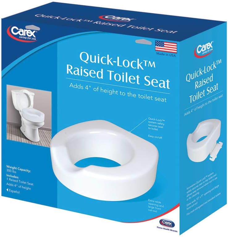 Carex Toilet Seat Riser with Quick-Lock, Raised Plastic Toilet Seat Adds 4” of Height - Fits Most Standard Round & Elongated Toilets