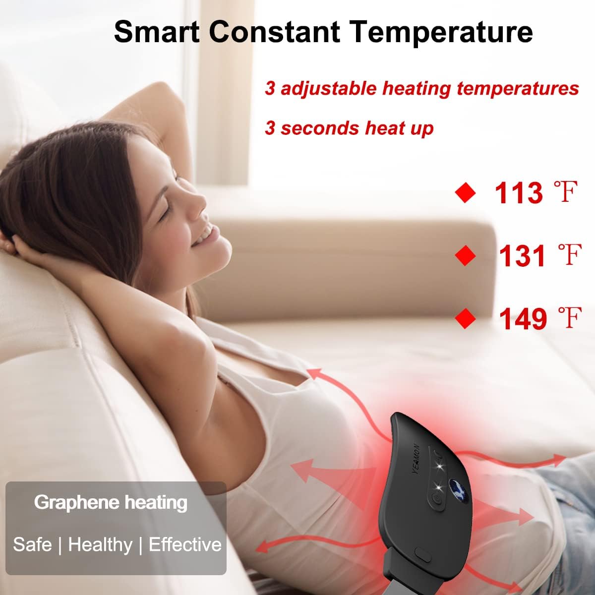 Portable Cordless Heating Pad, Electric Waist Belt Device, Fast Heating Pad with 3 Heat Levels and 3 Massage Modes, Back or Belly Heating Pad