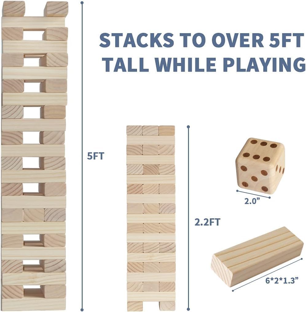 Megwoz Giant Tumble Tower Games for Kids and Adults 57 Blocks New Zealand Pine Wooden Blocks Stacking to Over 4.2FT Family Game for Indoors Outdoors