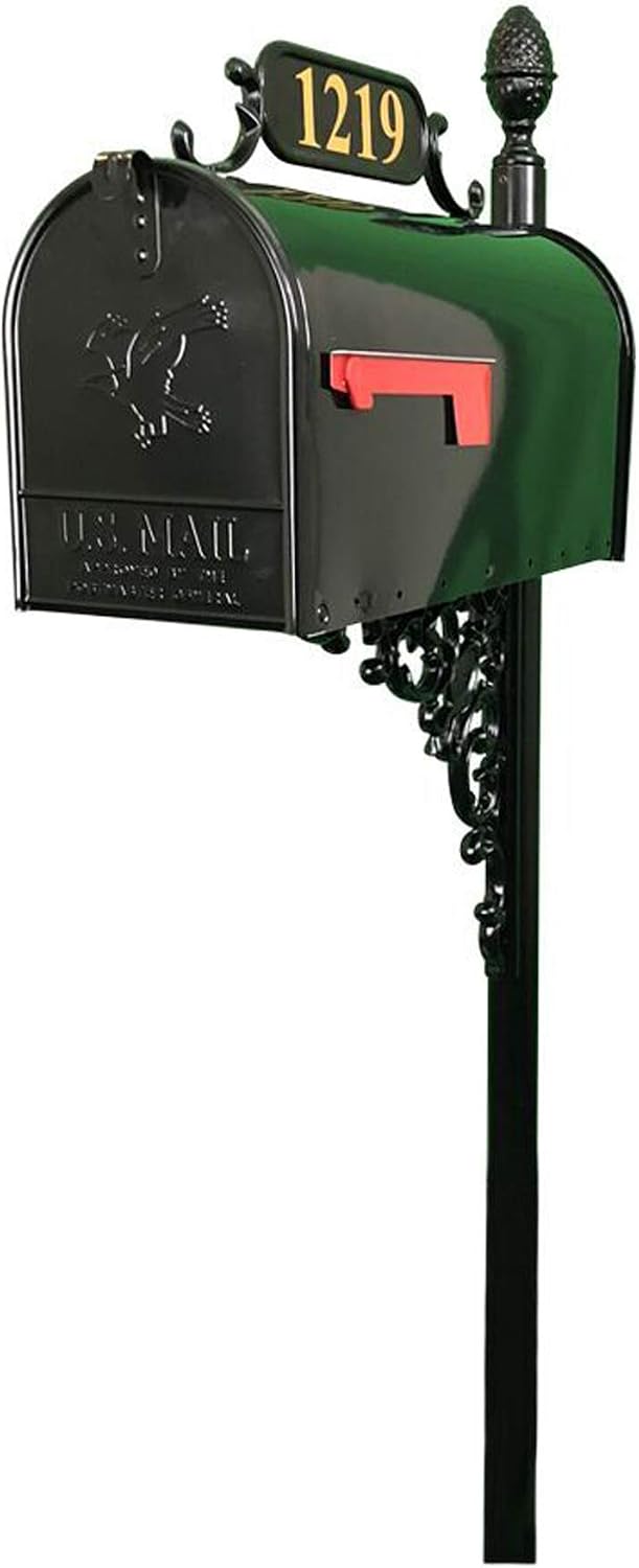 Oak Black Mailbox with Decorative Post Kit | Rust-resistant black metal mailbox includes personalized house numbers, decorative bracket