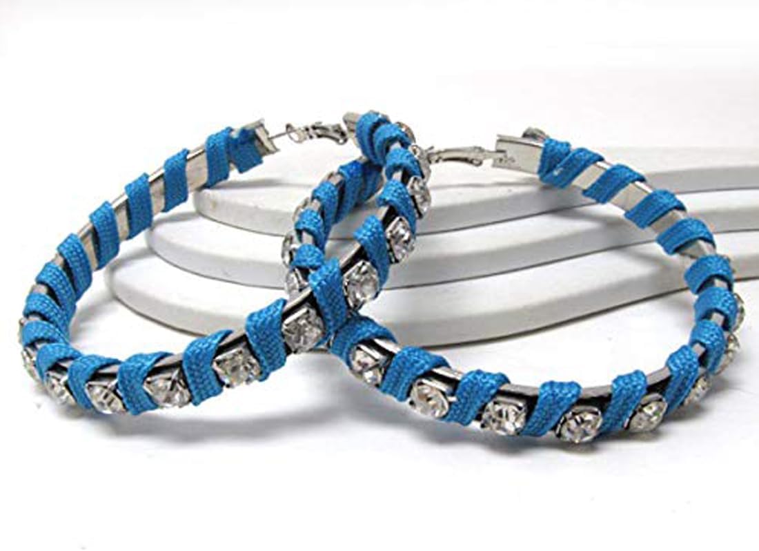 Fashion Jewelry ~ Blue Wrap Cord and Crystal Hoop Earrings for Women Casual