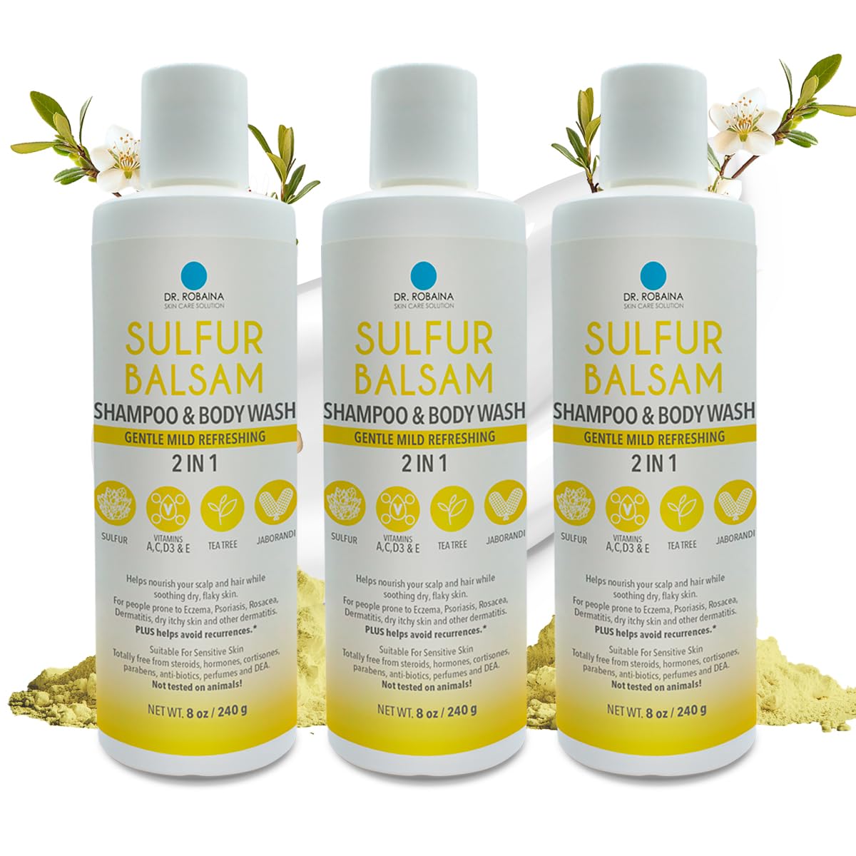 Dr. Robaina Sulfur Shampoo & Body Wash – Helps Soothe Dandruff, Seborrheic Dermatitis, Folliculitis & Itchy Scalp – Color-Safe, SLS-Free, Citrus-Mint Scent, 8 fl oz - Made in the USA
