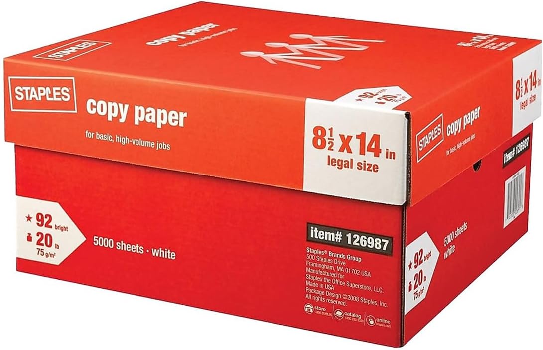 Staples TRU RED Copy & Printer Paper, 8.5 x 11, 20 lb, 92 Bright, 5,000 Sheets/Carton, White Letter Size Paper for Office, School & Home