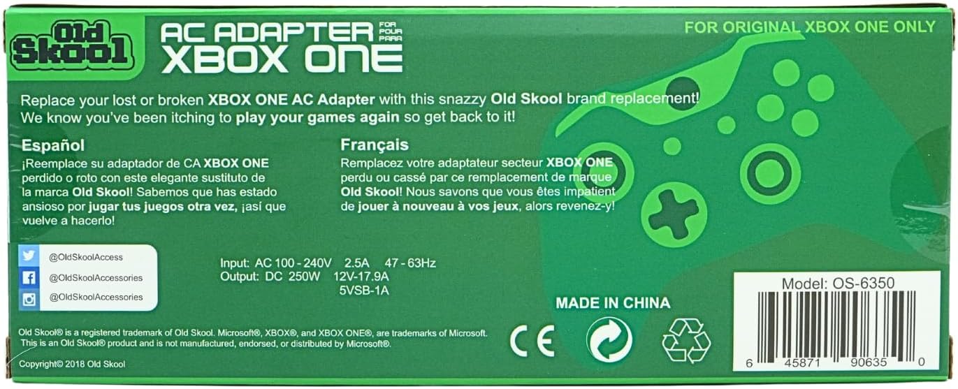 Old Skool Ac Adapter Power Supply Cord Compatible with Xbox One | For Xbox One, Power Supply