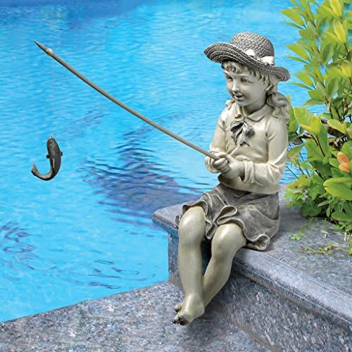 Design Toscano Frederic the Little Fisherman of Avignon Boy Fishing Garden Statue, 15 Inch Tall, Cast Stone Resin, Two Tone Stone Finish
