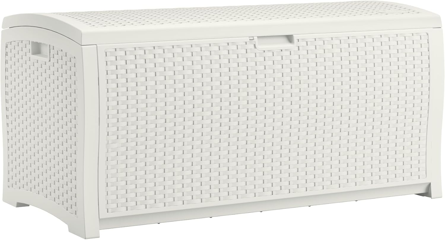 Suncast 99 Gal Wicker Resin Deck Box, Storage Chest Bin with Handles, Java