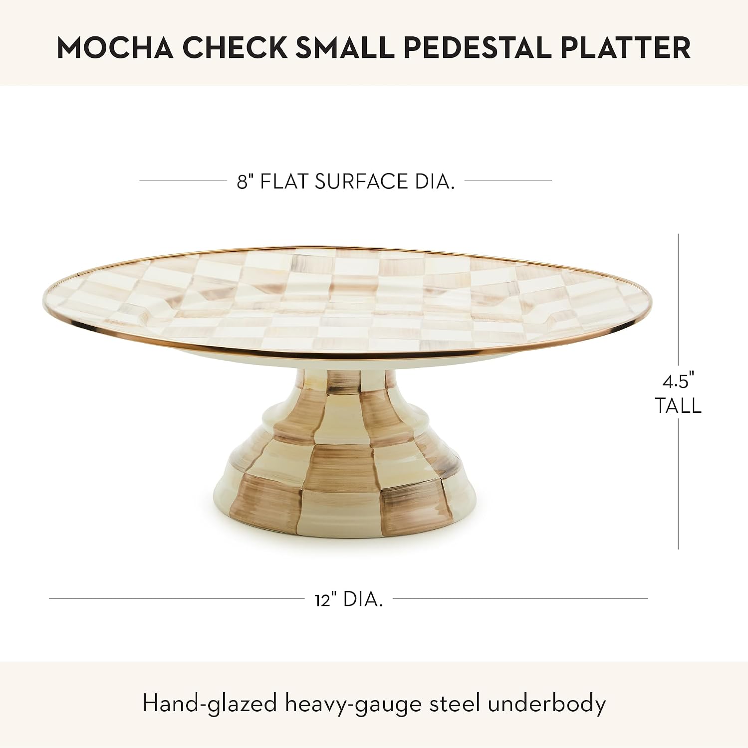 MACKENZIE-CHILDS Pedestal Platter, Mini, Black-and-White Courtly Check | Hand-painted design, made from enameled steel, stackable round cake stand for serving desserts, 8" dia. x 3" H
