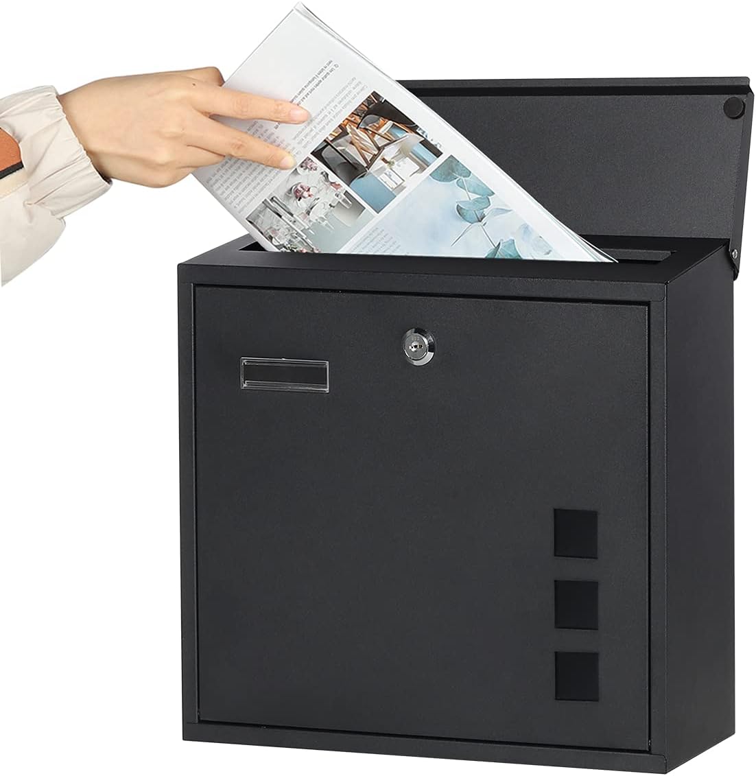 Decaller Large Capacity Mailbox with Key Lock, Wall Mount Metal Mail Box with Newspaper Compartment for Outside, 14.4" x 13" x 4.2", 938 Black