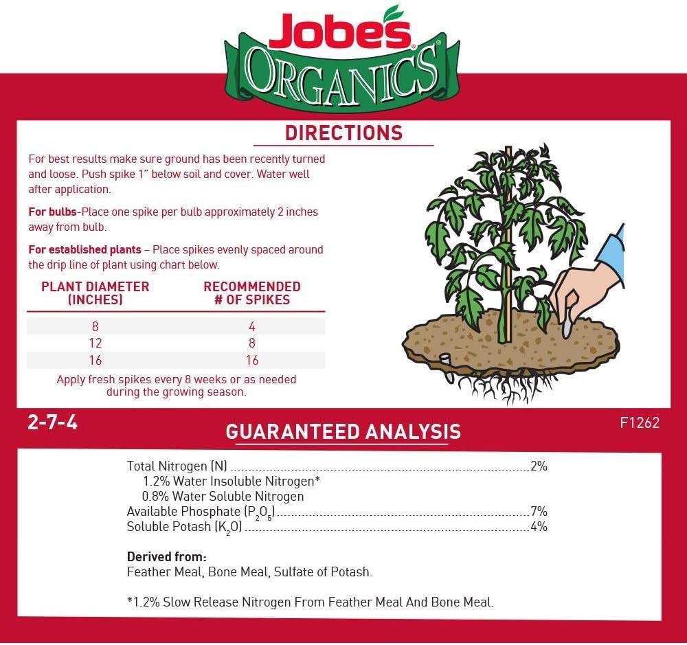 Jobe’s Organics Vegetable & Tomato Fertilizer Spikes, 2-7-4 Time Release Fertilizer for All Vegetables, Herbs and Tomato Plants
