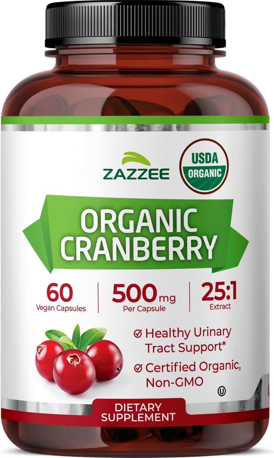 Zazzee USDA Organic Cranberry 25:1 Extract, 500mg per Capsule, 100 Capsules | Vegan, 3+ Month Supply, Certified Kosher, Vaccinium Macrocarpon, Non-GMO, Made in the USA