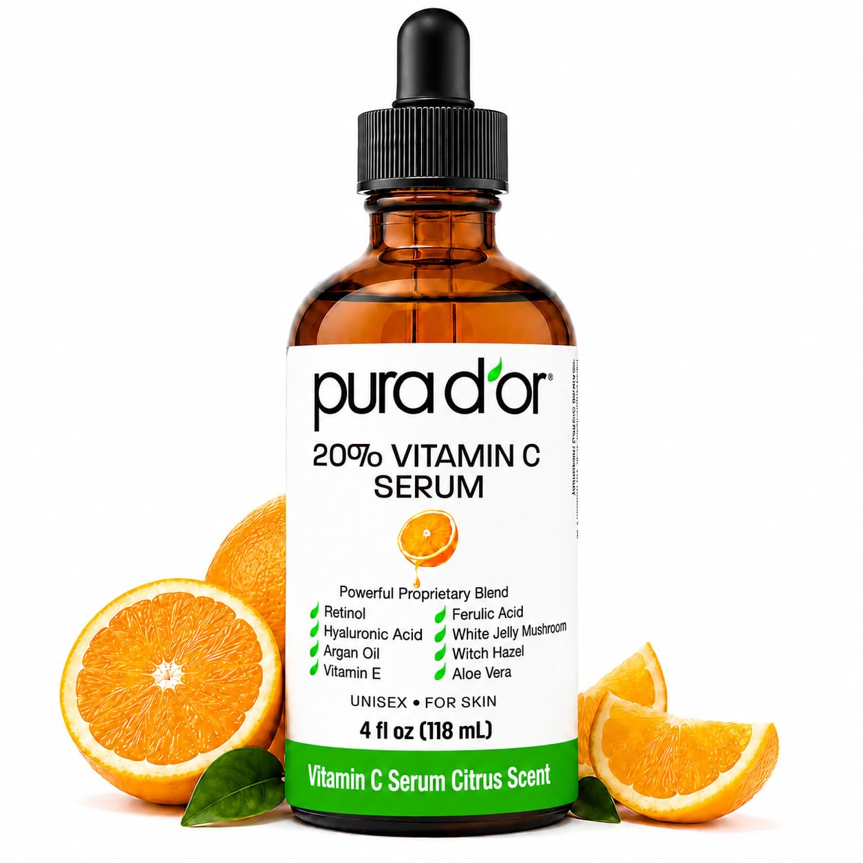 PURA D'OR 20% Vitamin C Anti-Aging Facial Serum, 4 fl oz | Smoother-Looking Texture, pH Balanced, Ferulic Booster, Antioxidant Support, Uneven Tone