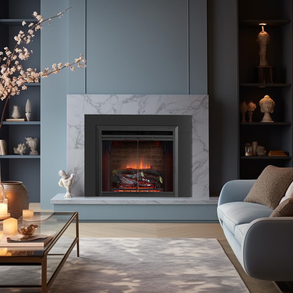 PuraFlame Klaus Electric Fireplace Insert with Fire Crackling Sound, Glass Door and Mesh Screen, 750/1500W, Black, 29 15/16 Inches Wide