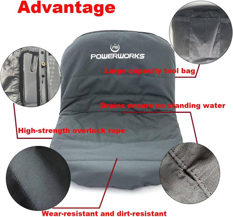 POWERWORKS Weatherproof Deluxe Riding Lawn Mower Seat Cover, Medium, Black | For Seats 12.4-14.1" High, 600D Oxford Cloth, Storage Pockets
