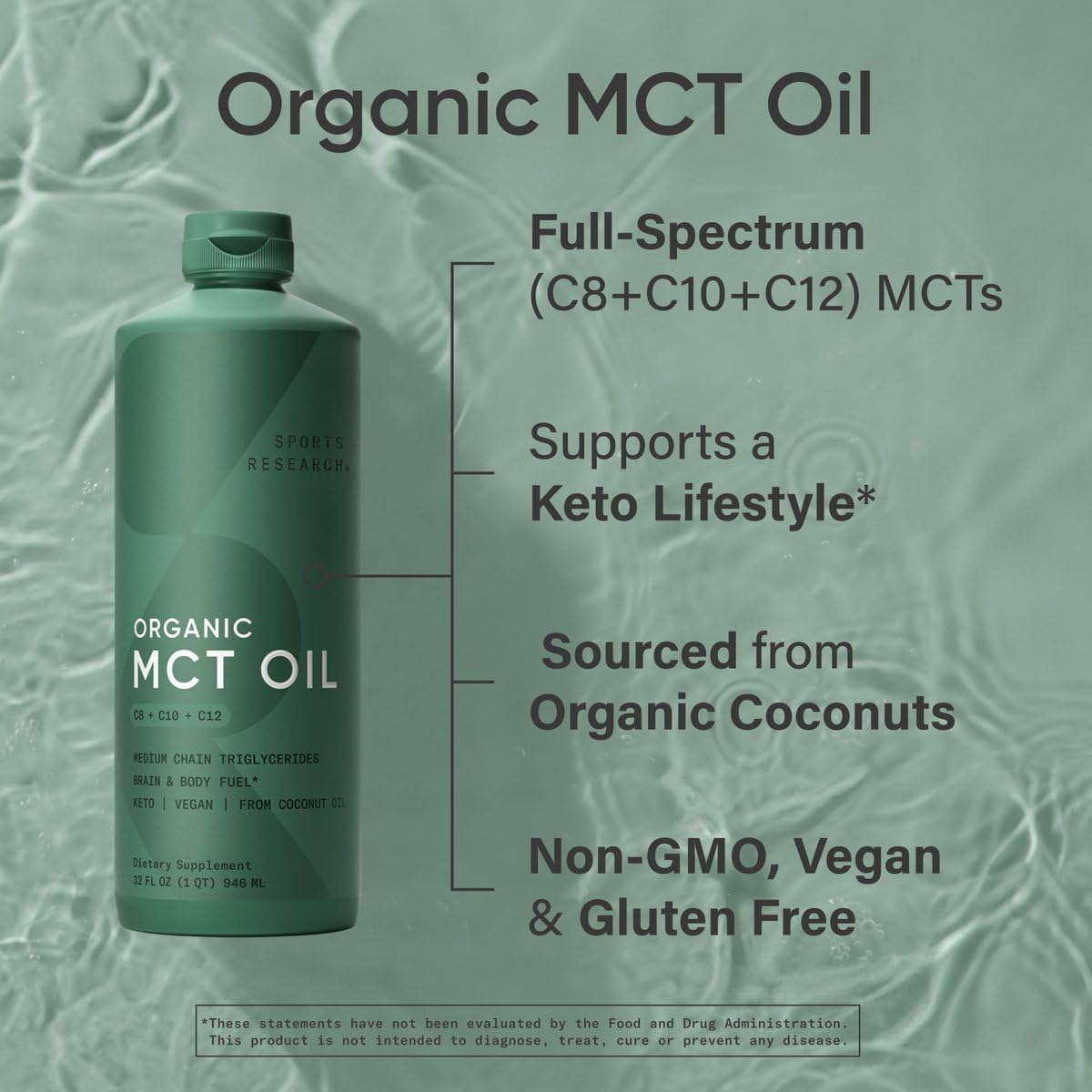 Sports Research® Organic Coconut MCT Oil 32oz, Unflavored | Brain & Body Fuel | Great in Keto Coffee & Protein Shakes | Vegan, Keto, Non-GMO - 63 Servings